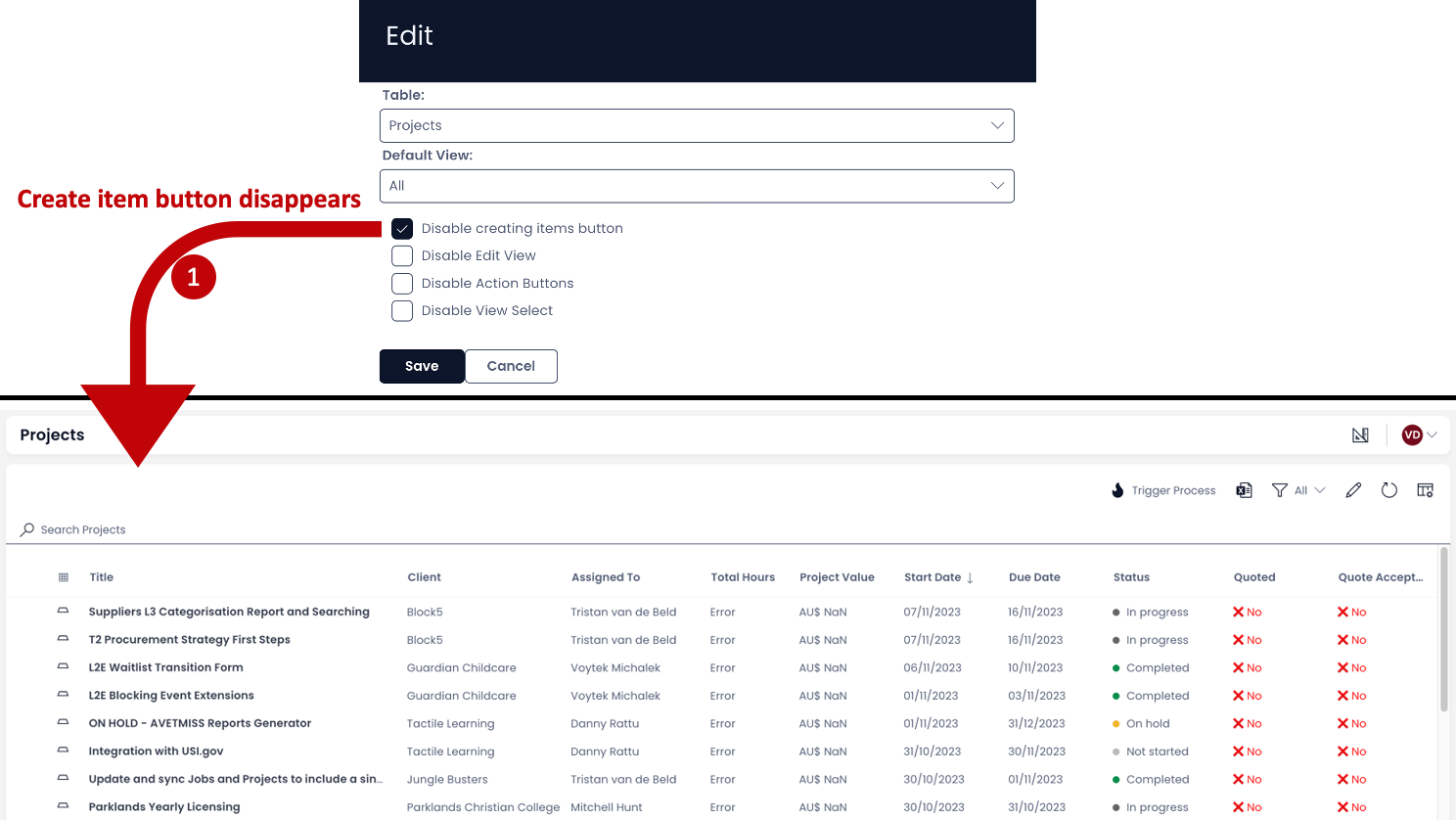 Disable creation example